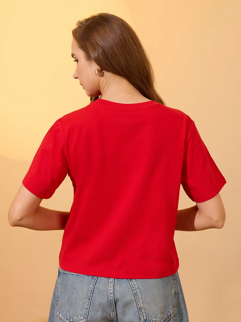 globus Women Red Round Neck Short Sleeves Graphic Print Oversized Crop T-Shirt