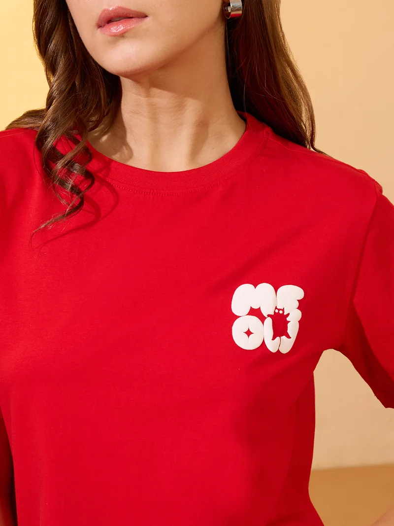 globus Women Red Round Neck Short Sleeves Graphic Print Oversized Crop T-Shirt