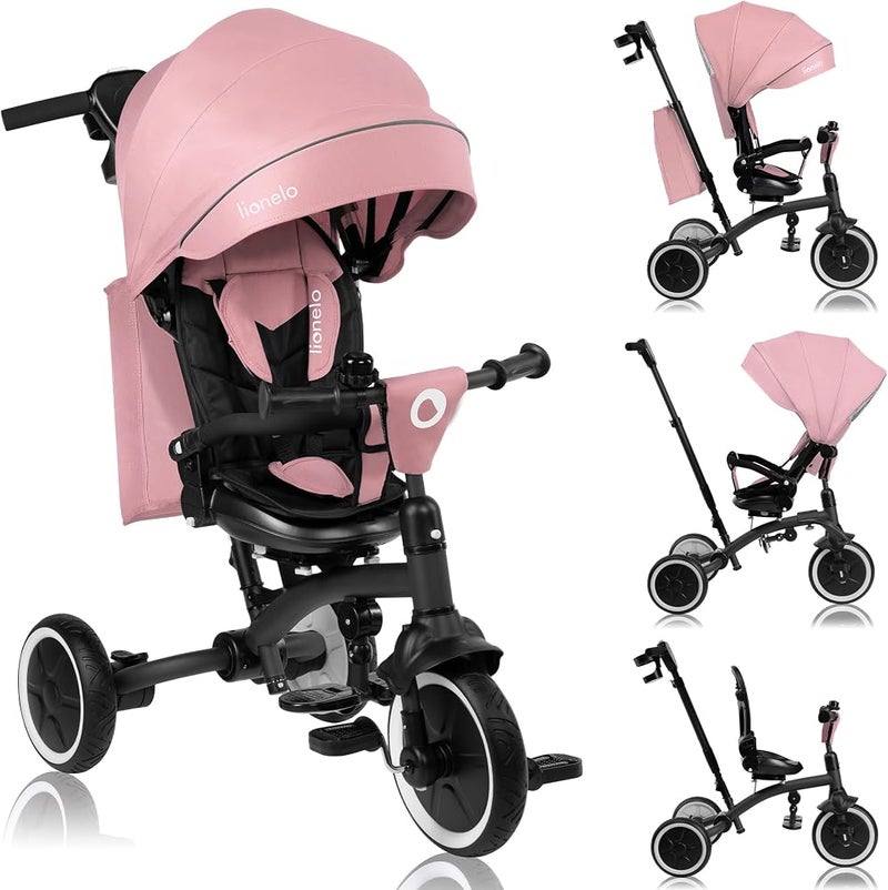 Lionelo Tris Plus 2in1 Kids' Tricycle Convertible Stroller Trike from 9 Months to 5 Years/25kg with Adjustable 360° Swivel Seat, Sun Canopy, Parent Control Handle Safety Features PU wheels Accessories