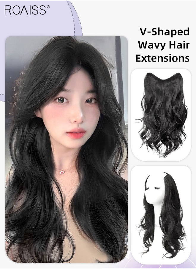 roaiss V-Shaped Layered Curly Hair Extension, One Piece Hair Extension Wig with 4 Clips, Heat Resistant Synthetic Hairpiece for Women Girls, Natural Black, 50cm (19.7 inches)  - Image 1