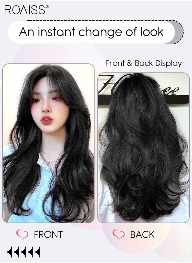 roaiss V-Shaped Layered Curly Hair Extension, One Piece Hair Extension Wig with 4 Clips, Heat Resistant Synthetic Hairpiece for Women Girls, Natural Black, 50cm (19.7 inches)  - Image 5