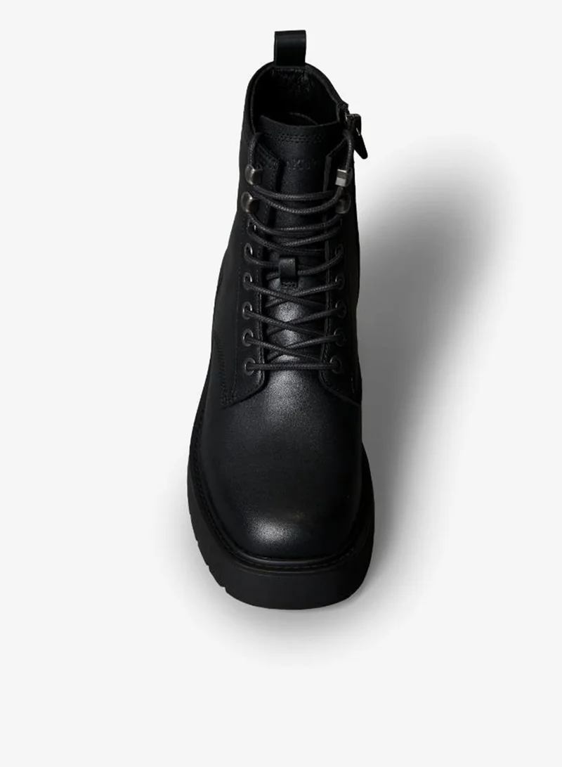 Calvin Klein Jeans Leather Chunky Heeled Lace-Up Boots