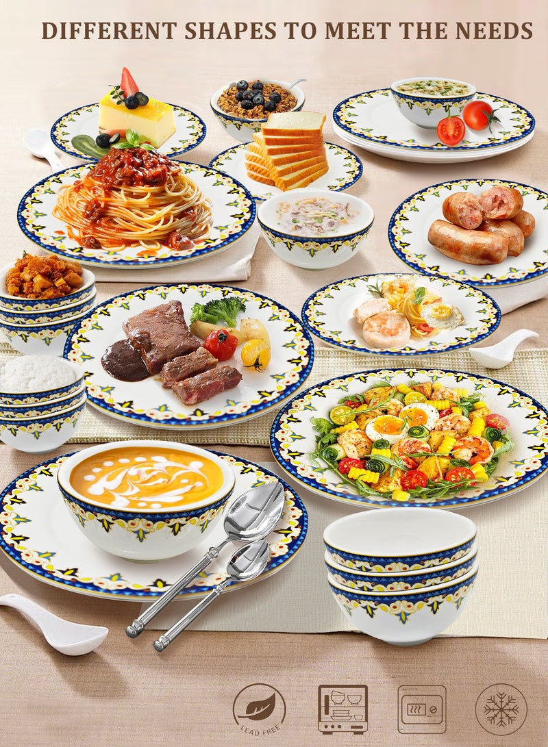 nihao طقم عشاء من 18 قطعة من البورسلين عالي الجودة - يتضمن 6 أطباق بحجم 10 بوصة، 6 أطباق بحجم 8 بوصة، 6 سلطانيات خضار بحجم 4.5 بوصة، أطقم أدوات مائدة خزفية، آمنة للاستخدام في الميكروويف والفريزر/ صديقة للبيئة وآمنة للطعام - Image 2