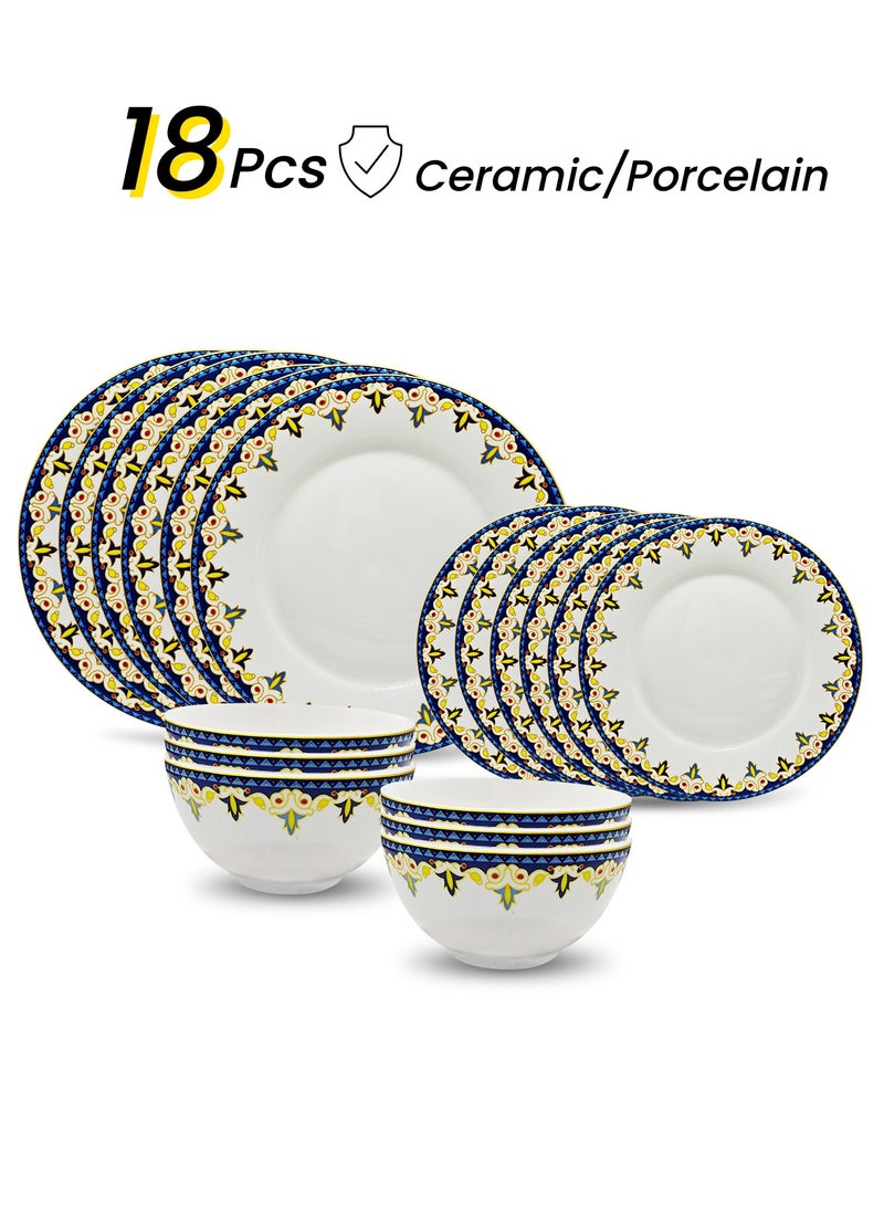 nihao طقم عشاء من 18 قطعة من البورسلين عالي الجودة - يتضمن 6 أطباق بحجم 10 بوصة، 6 أطباق بحجم 8 بوصة، 6 سلطانيات خضار بحجم 4.5 بوصة، أطقم أدوات مائدة خزفية، آمنة للاستخدام في الميكروويف والفريزر/ صديقة للبيئة وآمنة للطعام - Image 1