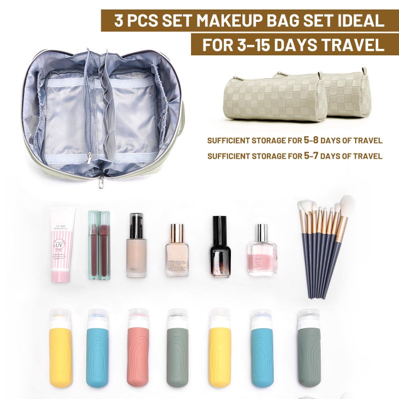 BOYATU Travel Makeup Bag Organizer: 3 Pcs Set Large Capacity Cosmetic Bags Holds 10–20 100ml Full-Size Bottles - 180°Open-Flat Make up Case 3-sec touch-up - Toiletry Bag Gift women (01-D-Beige) - Image 4