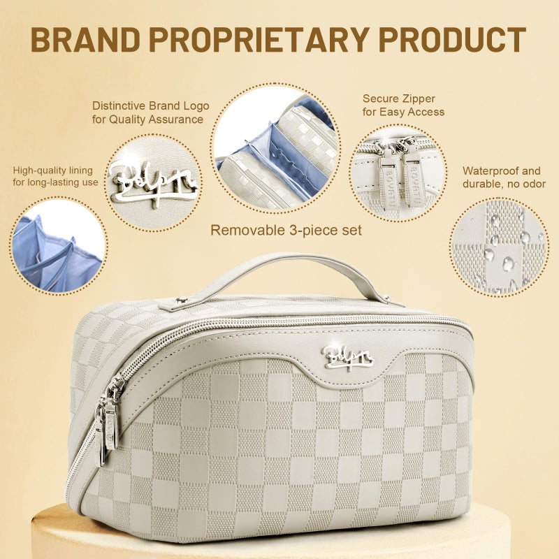 BOYATU Travel Makeup Bag Organizer: 3 Pcs Set Large Capacity Cosmetic Bags Holds 10–20 100ml Full-Size Bottles - 180°Open-Flat Make up Case 3-sec touch-up - Toiletry Bag Gift women (01-D-Beige) - Image 3