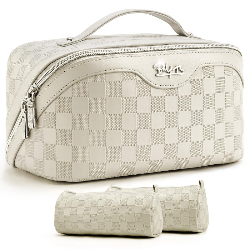 BOYATU Travel Makeup Bag Organizer: 3 Pcs Set Large Capacity Cosmetic Bags Holds 10–20 100ml Full-Size Bottles - 180°Open-Flat Make up Case 3-sec touch-up - Toiletry Bag Gift women (01-D-Beige) - Image 1