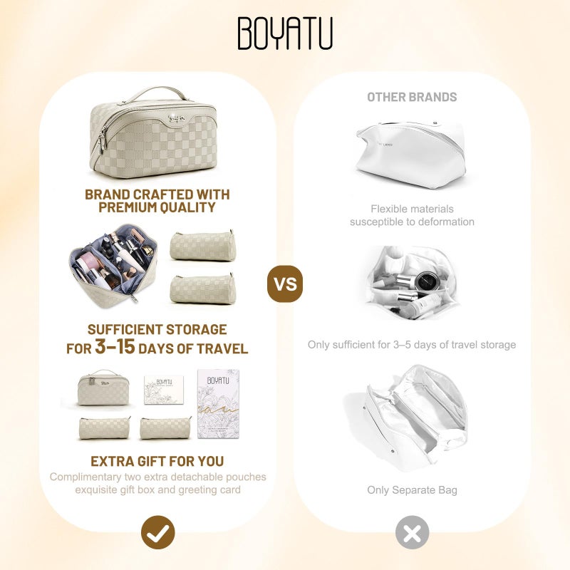 BOYATU Travel Makeup Bag Organizer: 3 Pcs Set Large Capacity Cosmetic Bags Holds 10–20 100ml Full-Size Bottles - 180°Open-Flat Make up Case 3-sec touch-up - Toiletry Bag Gift women (01-D-Beige) - Image 2
