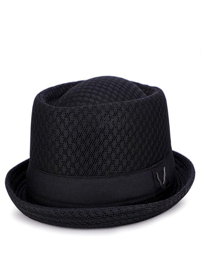 بي اكس تي قبعة صيفية شبكية بتصميم فطيرة لحم الخنزير، قبعة تريلبي فيدورا للرجال والنساء، قبعة شمسية للسفر والشاطئ بحافة قابلة للطي، قبعة بولر ديربي كلاسيكية، حماية من الأشعة فوق البنفسجية 50+، لون أسود - Image 1