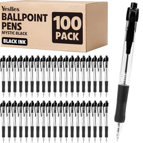 YesBes 100 Pack Ballpoint Pens Bulk, Retractable Black Pens Ballpoint Medium Point 1mm with Super Soft Grip, No Bleed Ink Pens Smooth Writing, School, Office, Teacher Supplies, Best Gifts for Coworkers - Image 1