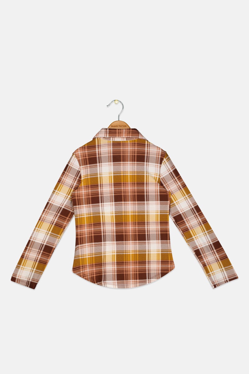 No Comment Kids Girl Spread Collar Plain Long Sleeve Shirts, Brown  - Image 2