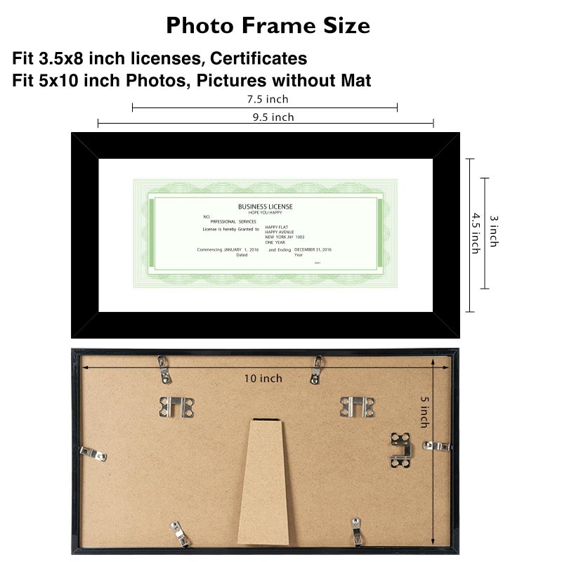 JCJMY 5x10 Business License Frame Black for 3.5x8 Standard Business License with Mat or 5 x 10 Picture without Mat, 5x10 Frame with Shatter Resistant Plexiglass for Wall Hanging or Tabletop, Black - Image 3