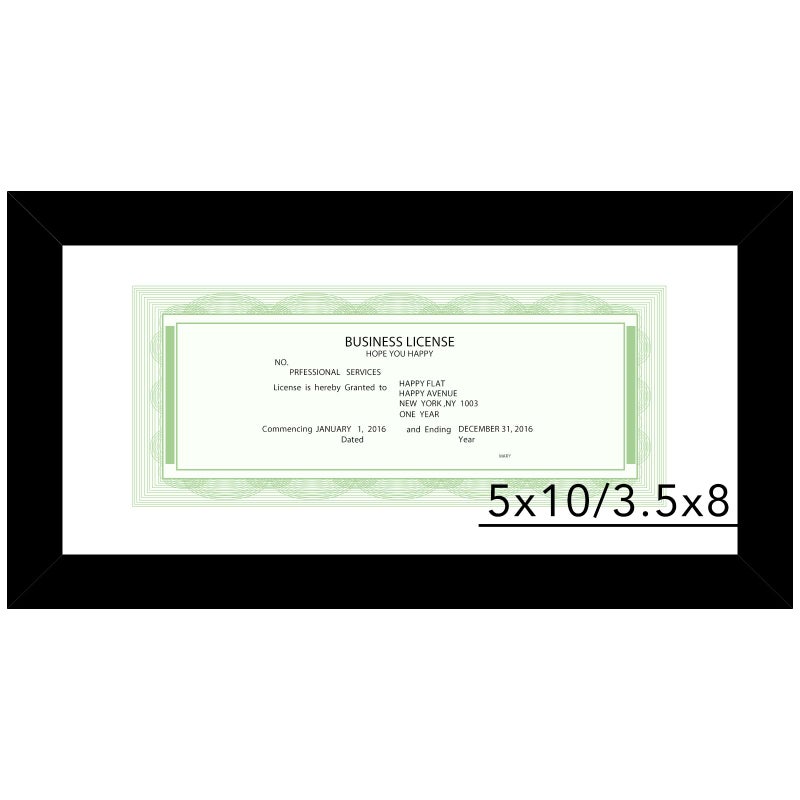 JCJMY 5x10 Business License Frame Black for 3.5x8 Standard Business License with Mat or 5 x 10 Picture without Mat, 5x10 Frame with Shatter Resistant Plexiglass for Wall Hanging or Tabletop, Black - Image 1
