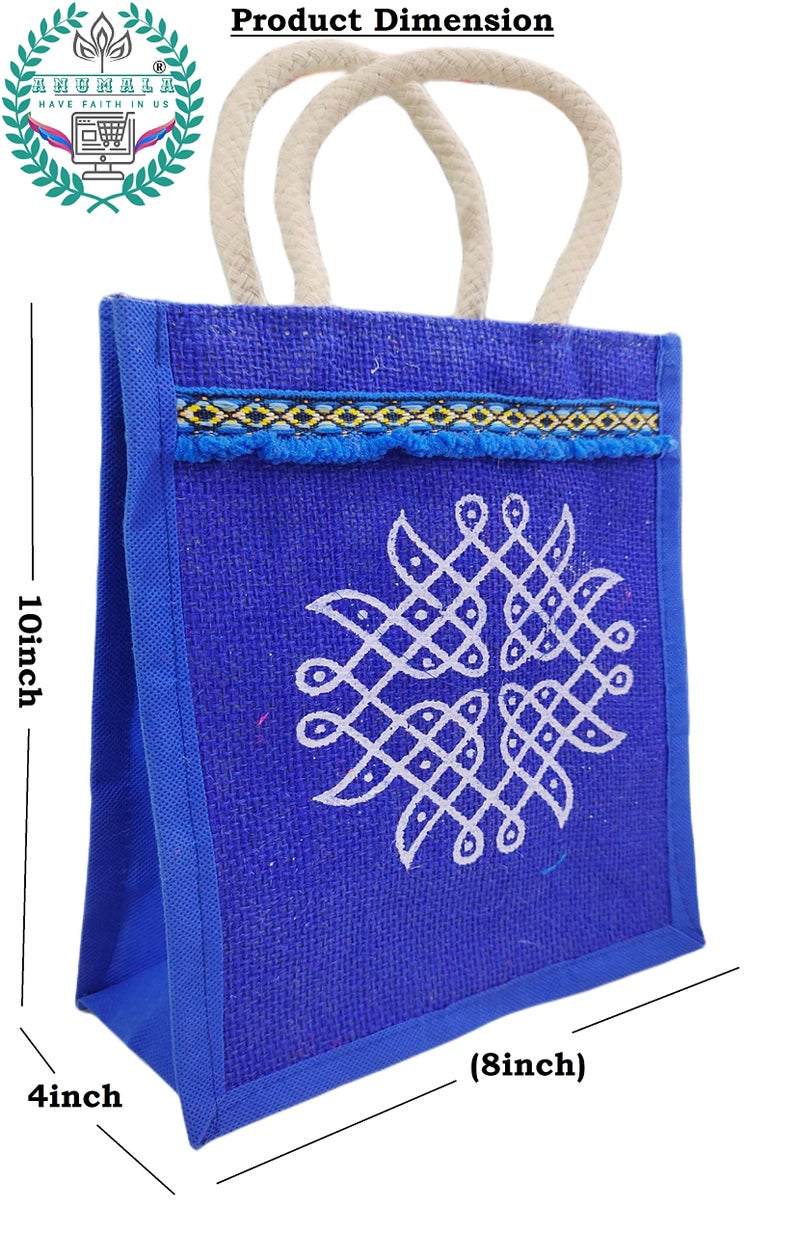 Anumala® Jute Bags with Contrast Kolam Print for Return Gifts | Thamboolam And Jute Bags | Wedding Return Gifts | Birthday Return Gifts | Event Return gifts Bag | Multicolor 8x4x10 inches… - Image 2