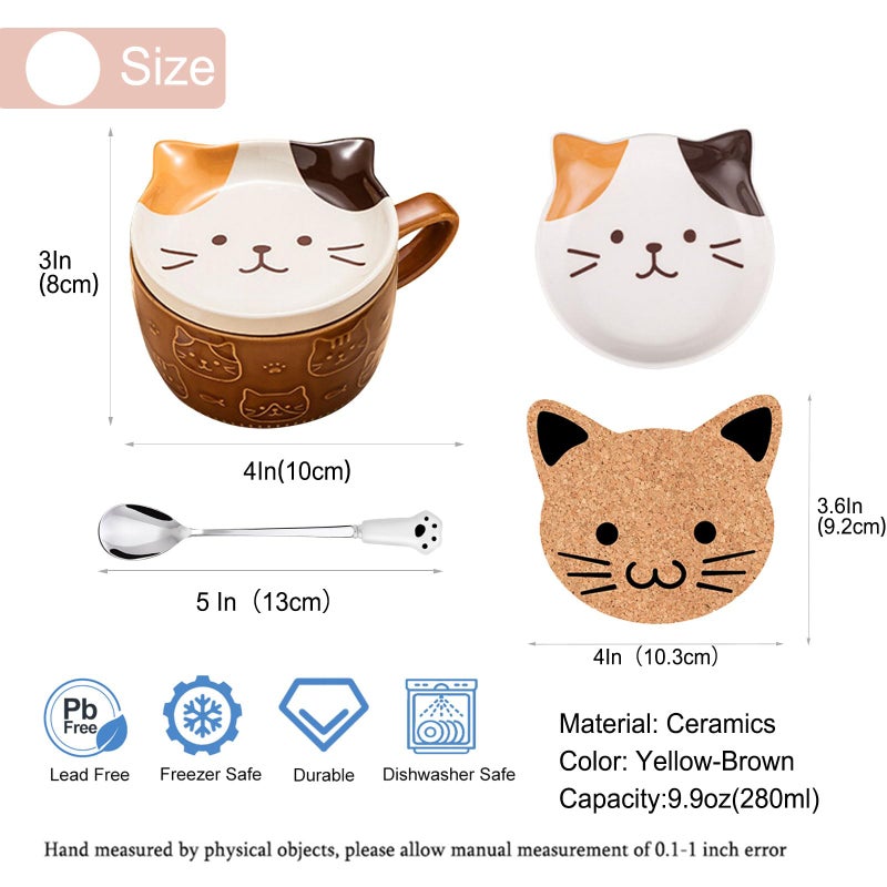 BigNoseDeer Gifts for Women Her Cute Kawaii Cat Coffee Mugs with Lids Christmas Birthday Presents for Girls Friend Kids Men Wife Mum Grandma Teacher Novelty Animal Coffee Ceramic Tea Cup Dessert Saucer Set - Image 4