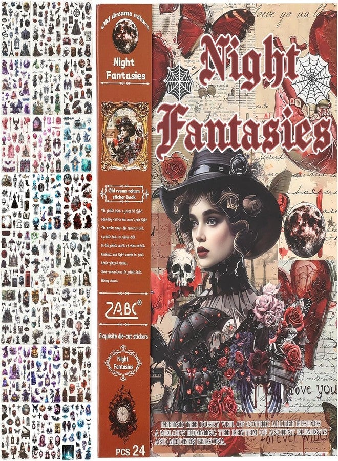 SAMVARDHAN Sticker Book Set – 24 Sheets/480+ Paper Sticker Booklet, Decoration Washi Stickers, Die-Cut Sticker's for Project, Gothic Vintage Sticker's, Journals, Scrapbooking (Night Fantasies) - Image 1