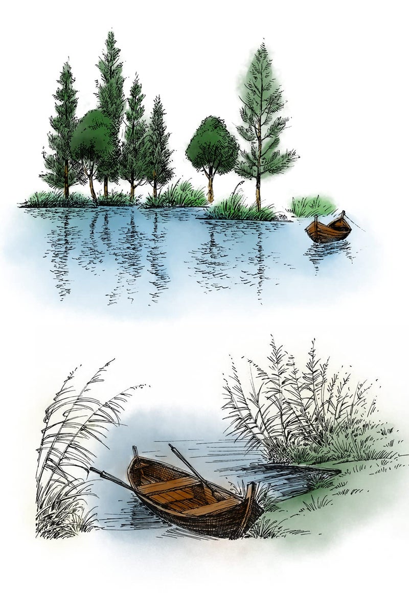 Threetols Lake River Scenery Trees Boat Clear Stamps for Card Making and Scrapbooking Card Making Words Transparent Stamps Silicone Stamps Photo Album Decor - Image 3