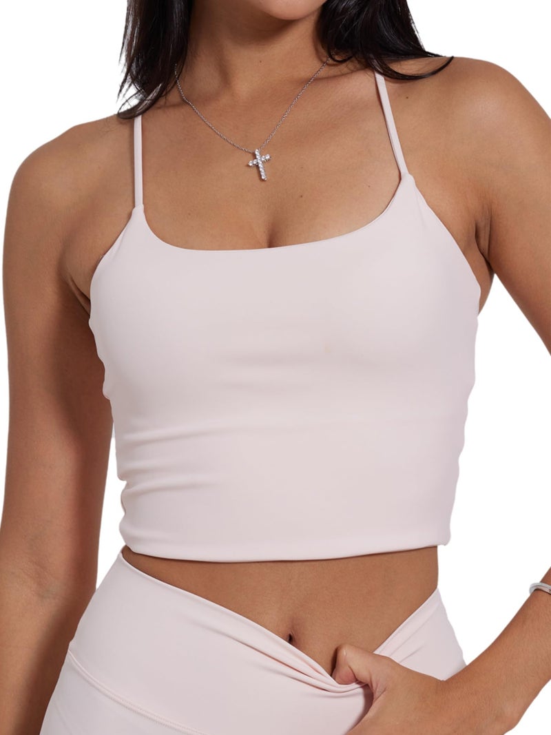 Danysu Sculpt Workout Tank Tops Women Longline Sports Bras Workout Tops for Women Light Support Strappy Padded Yoga Top Scoop Neck Rosewater S - Image 2