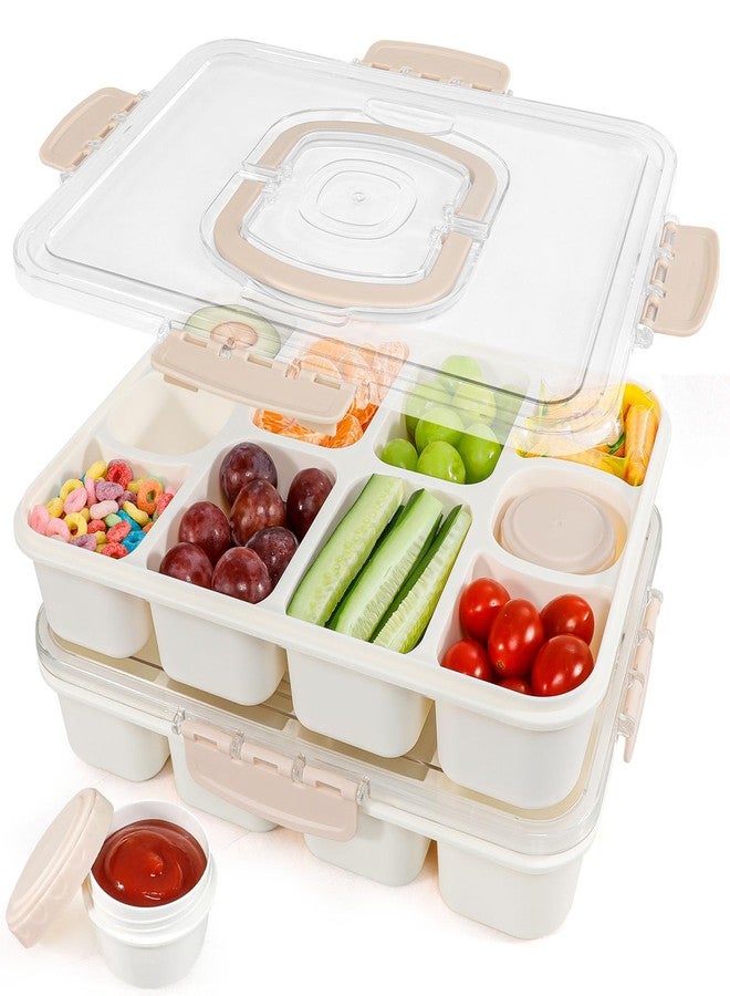 Caperci 2 Pack Snackle Box Container - Portable 10 Compartment Divided Snack Serving Tray with Lid & Handle, Built-in 4 Leak-Proof Sauce Containers, Dishwasher Safe, BPA-Free(Milky White) - Image 1
