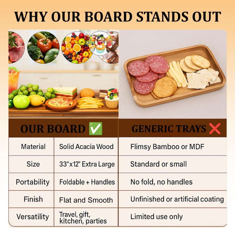 SHANDERBAR Large Charcuterie Board with Handles â€“ 33 x 12 Inch Extra Large Acacia Wood Foldable Long Serving Tray â€“ Portable Big Cheese Board and Long Cutting Board for Appetizers, Party, or Travel - Image 4