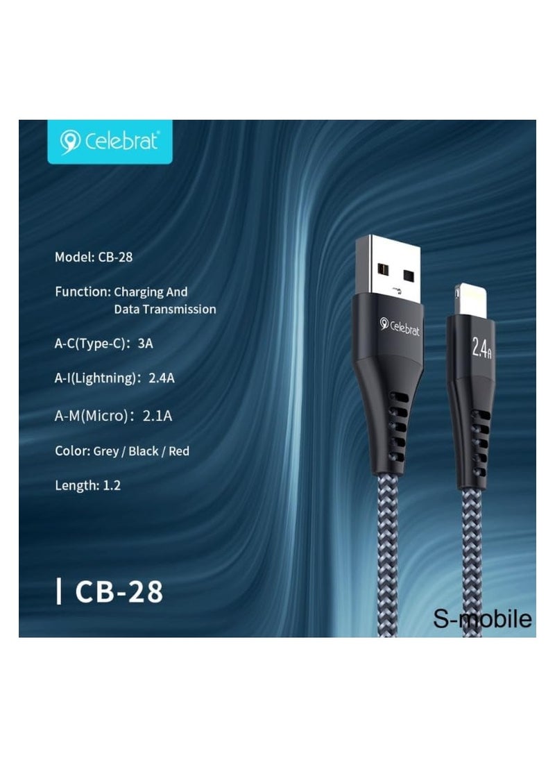 Celebrat CB-28 Portable USB To Lightning Fast Charge And Data Transmission Cable With Braided wire Design And Practical Fits Mobile Phone 2.4A / 1200mm- Black - Image 2