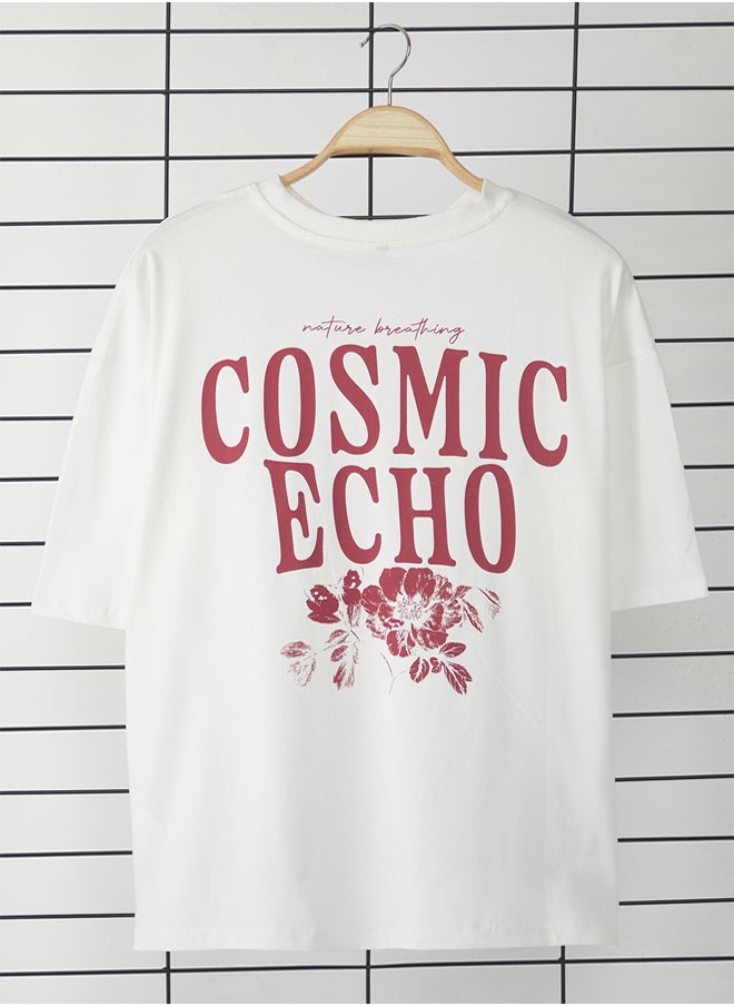 trendyol Ecru Oversize/Wide Cut 100% Cotton Printed T-Shirt  - Image 1