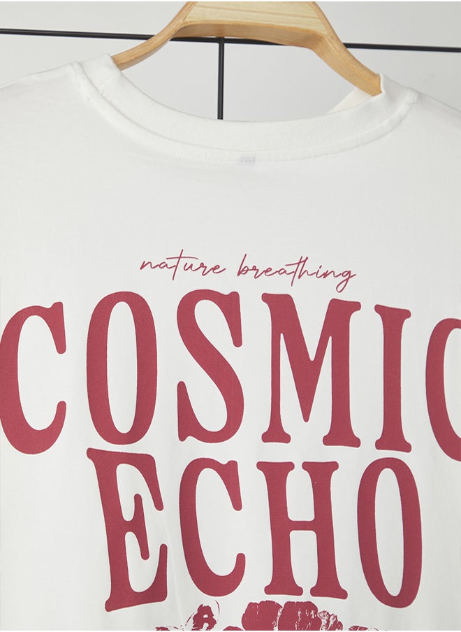 trendyol Ecru Oversize/Wide Cut 100% Cotton Printed T-Shirt  - Image 5