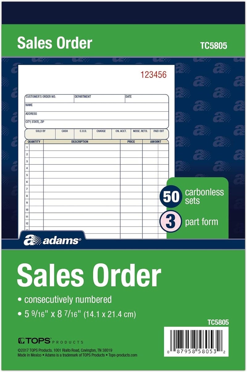Adams Sales Order Book - 3-Part Carbonless Forms, White/Canary/Pink, 50 Sets, 5-9/16" x 8-7/16" - Image 1