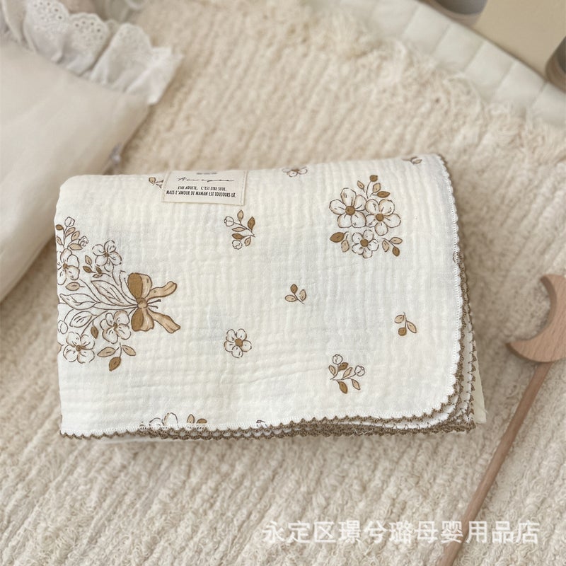 Ins Floral Double-layer Cotton Yarn Baby Blanket Wrapping Towel Bath Towel Soft Waxy Cotton Multi-functional Cover Blanket - Image 1