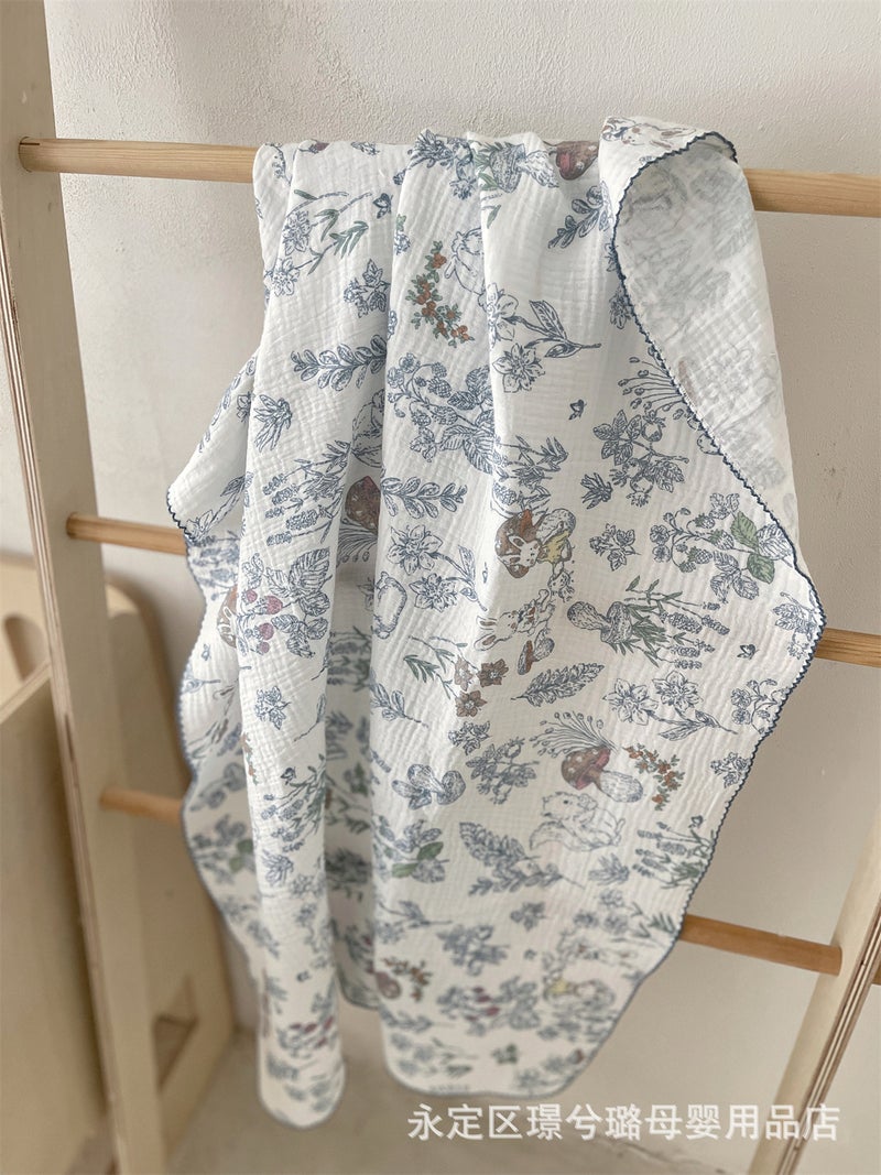Ins Floral Double-layer Cotton Yarn Baby Blanket Wrapping Towel Bath Towel Soft Waxy Cotton Multi-functional Cover Blanket - Image 5