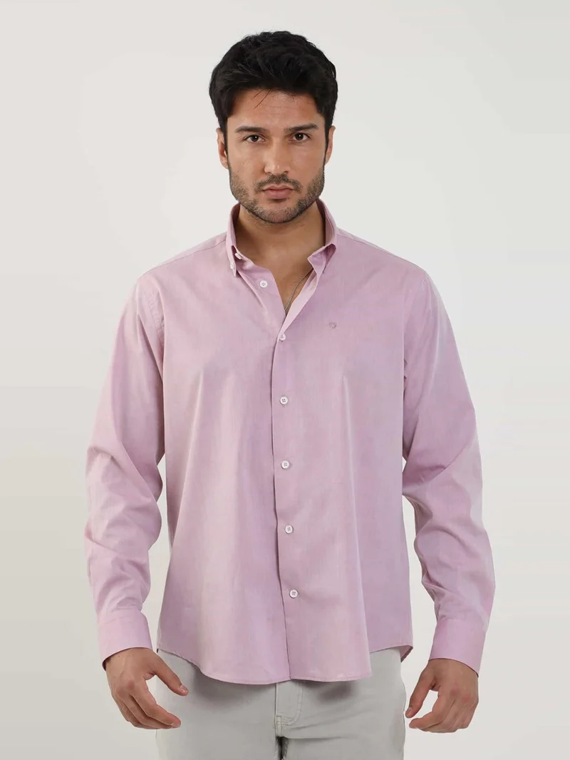 Dufy Claret Red Men's Regular Fit Plain Brent Button Collar Long Sleeve Shirt - 102224