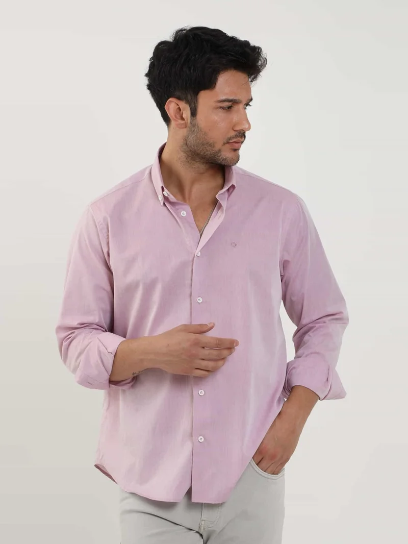 Dufy Claret Red Men's Regular Fit Plain Brent Button Collar Long Sleeve Shirt - 102224