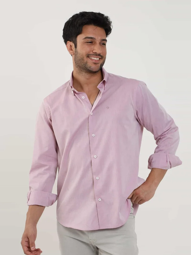 Dufy Claret Red Men's Regular Fit Plain Brent Button Collar Long Sleeve Shirt - 102224