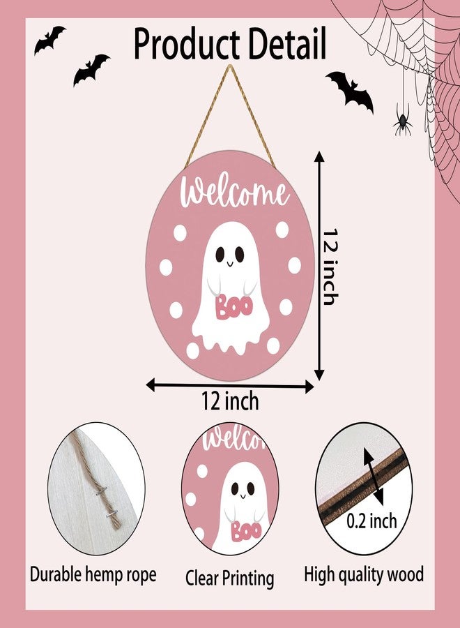 YUNKKIN Pink Halloween Decor Halloween Door Decorations Pink Cute Ghost Decor Wreath Welcome Sign Wooden Front Door Hanger Cute Ghost Hanging Sign Wreath for Wall Indoor Home - Image 2