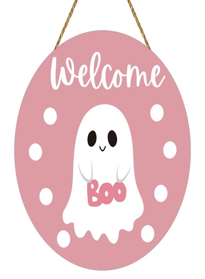 YUNKKIN Pink Halloween Decor Halloween Door Decorations Pink Cute Ghost Decor Wreath Welcome Sign Wooden Front Door Hanger Cute Ghost Hanging Sign Wreath for Wall Indoor Home - Image 1