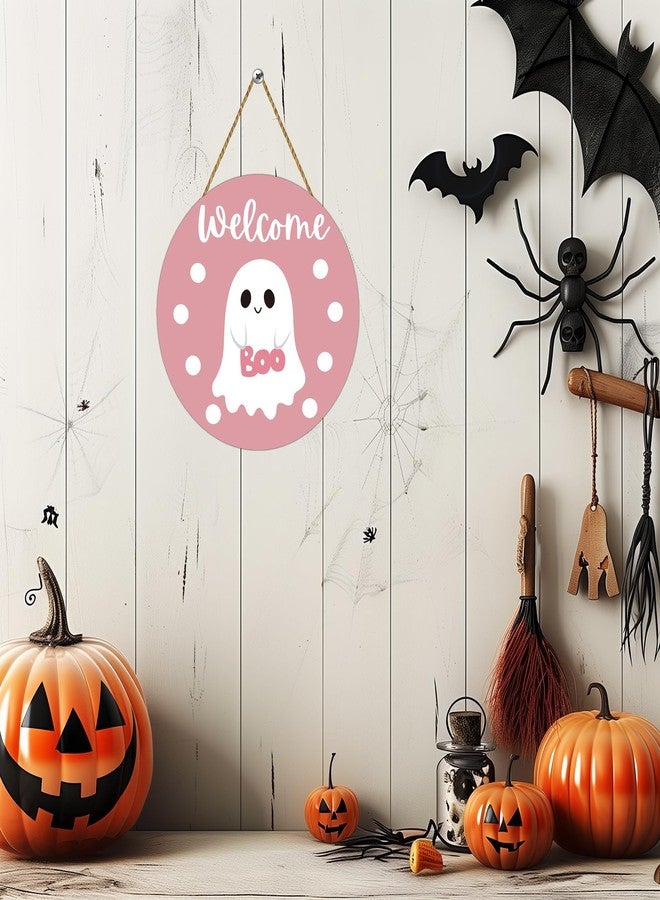 YUNKKIN Pink Halloween Decor Halloween Door Decorations Pink Cute Ghost Decor Wreath Welcome Sign Wooden Front Door Hanger Cute Ghost Hanging Sign Wreath for Wall Indoor Home - Image 5