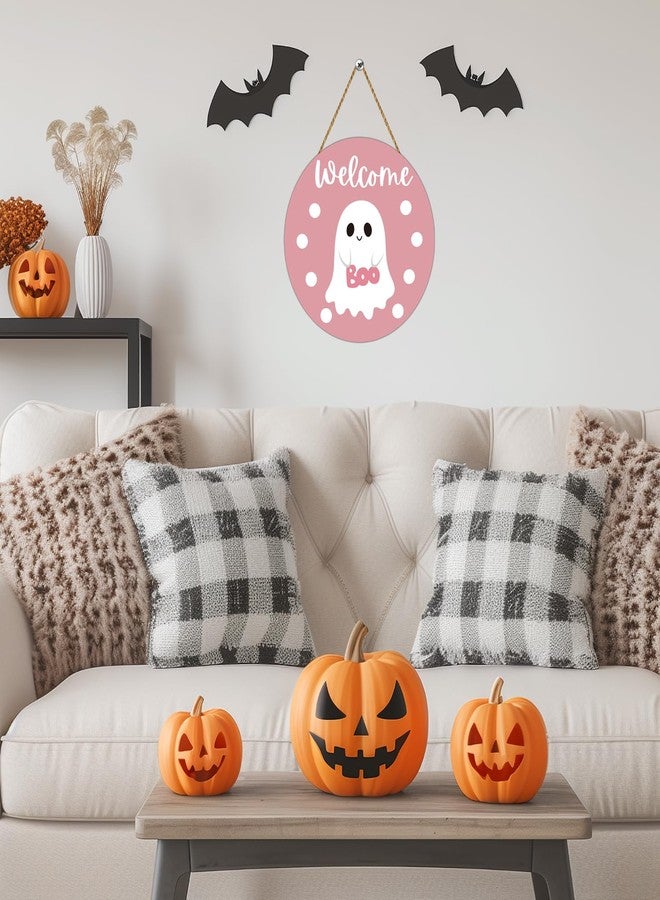 YUNKKIN Pink Halloween Decor Halloween Door Decorations Pink Cute Ghost Decor Wreath Welcome Sign Wooden Front Door Hanger Cute Ghost Hanging Sign Wreath for Wall Indoor Home - Image 4