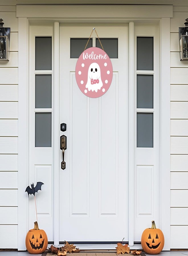 YUNKKIN Pink Halloween Decor Halloween Door Decorations Pink Cute Ghost Decor Wreath Welcome Sign Wooden Front Door Hanger Cute Ghost Hanging Sign Wreath for Wall Indoor Home - Image 3