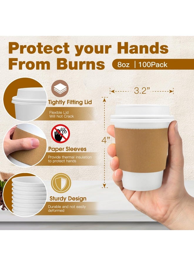 Ginkgo Ginkgo 100 Pack 8 oz Thickened Paper Coffee Cups with White Lids and Sleeves, Disposable To Go Coffee Cups for Espresso Coffee, Hot Chocolate and Cocoa  - Image 1