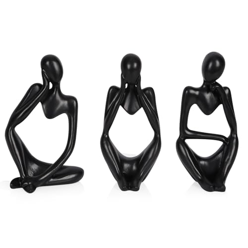 Ozzptuu Sandstone Resin Thinker Style Abstract Sculpture Statue Collectible Figurines Home Office Bookshelf Desktop Decor (Small Black, 3pcs) - Image 1