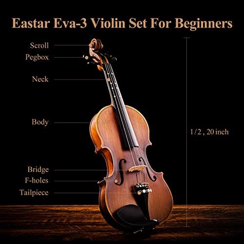 Eastar 1/2 Violin Set Half Size Fiddle EVA-3 Matte for Beginners with Hard Case, Rosin, Shoulder Rest, Bow, and Extra Strings (Imprinted Finger Guide on Fingerboard) - Image 4