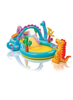 Intex 11ft x 7.5ft x 44in Dinoland Backyard Play Center Kiddie Inflatable Swimming Pool with Slide, Dino Arch Water Sprayer and Games for Ages 2 and Up