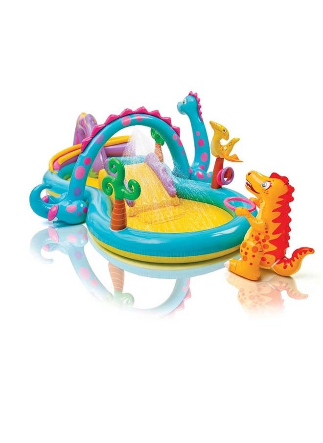 INTEX - Intex 11ft x 7.5ft x 44in Dinoland Backyard Play Center Kiddie Inflatable Swimming Pool with Slide, Dino Arch Water Sprayer and Games for Ages 2 and Up - Image 1
