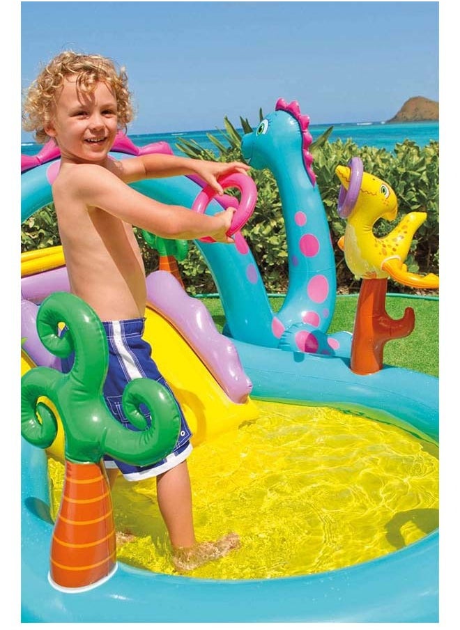 INTEX - Intex 11ft x 7.5ft x 44in Dinoland Backyard Play Center Kiddie Inflatable Swimming Pool with Slide, Dino Arch Water Sprayer and Games for Ages 2 and Up - Image 1
