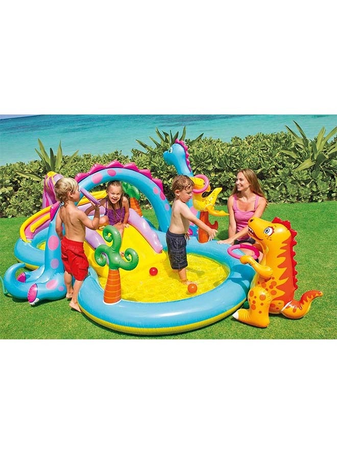 INTEX - Intex 11ft x 7.5ft x 44in Dinoland Backyard Play Center Kiddie Inflatable Swimming Pool with Slide, Dino Arch Water Sprayer and Games for Ages 2 and Up - Image 1