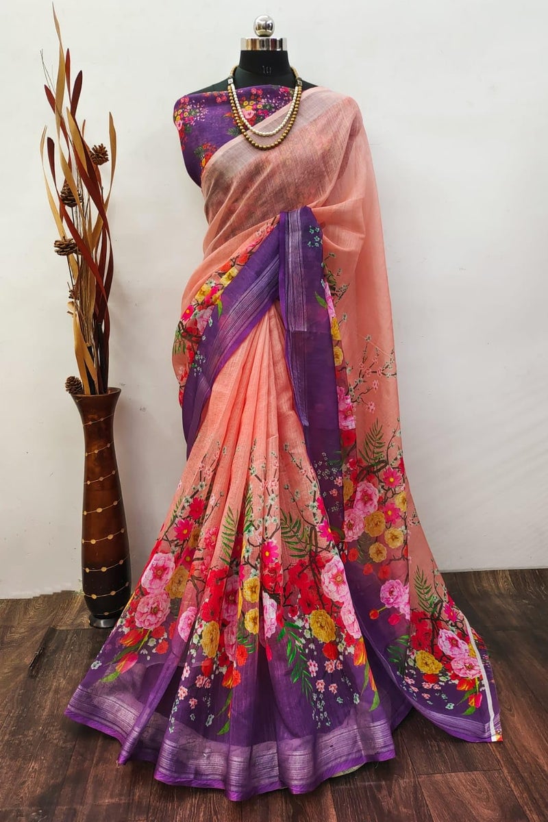 C J Enterprise Women’s Pure Soft Cotton Saree Linen For Kalamkari Silk Sarees Latest Party Design Wear Wedding Sadi With Blouse Piece sari south mulmul ikkat mul print 2024 New (Peach pink Purple) - Image 3