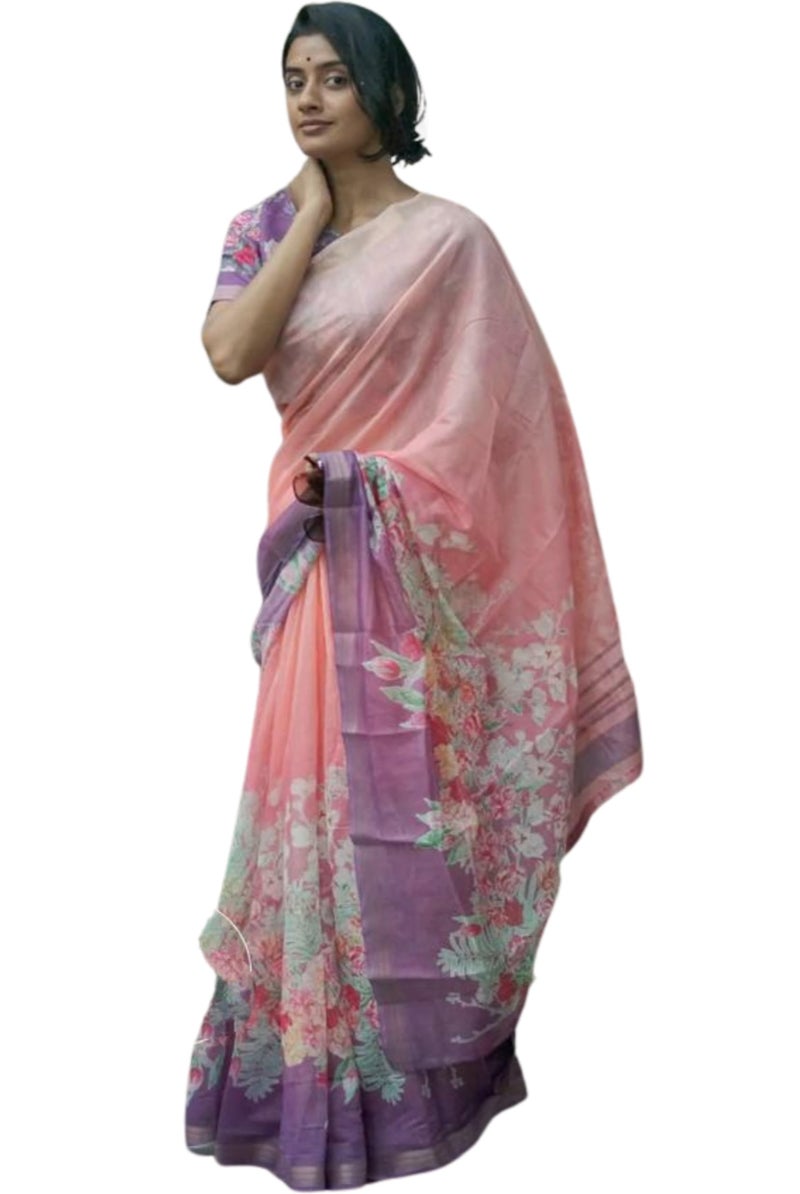C J Enterprise Women’s Pure Soft Cotton Saree Linen For Kalamkari Silk Sarees Latest Party Design Wear Wedding Sadi With Blouse Piece sari south mulmul ikkat mul print 2024 New (Peach pink Purple) - Image 1
