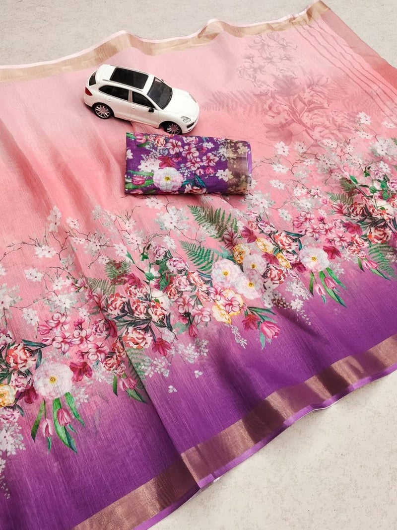C J Enterprise Women’s Pure Soft Cotton Saree Linen For Kalamkari Silk Sarees Latest Party Design Wear Wedding Sadi With Blouse Piece sari south mulmul ikkat mul print 2024 New (Peach pink Purple) - Image 4