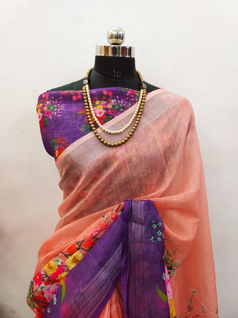 C J Enterprise Women’s Pure Soft Cotton Saree Linen For Kalamkari Silk Sarees Latest Party Design Wear Wedding Sadi With Blouse Piece sari south mulmul ikkat mul print 2024 New (Peach pink Purple) - Image 5