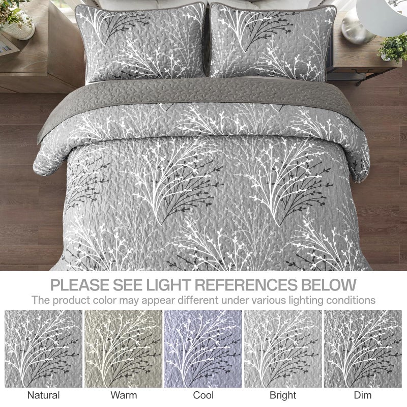 DJY Grey Quilt Set Full Size Branch Botanical Pattern Bedspread Coverlet Set, 3 Piece Soft Lightweight Summer Bedspread Gray Floral Quilt Bedding Set Reversible Bedding Cover for All Season, 80''x90'' - Image 3